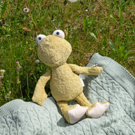 Bio-Kuscheltier Frosch auf einer Wiese & Decke liegend