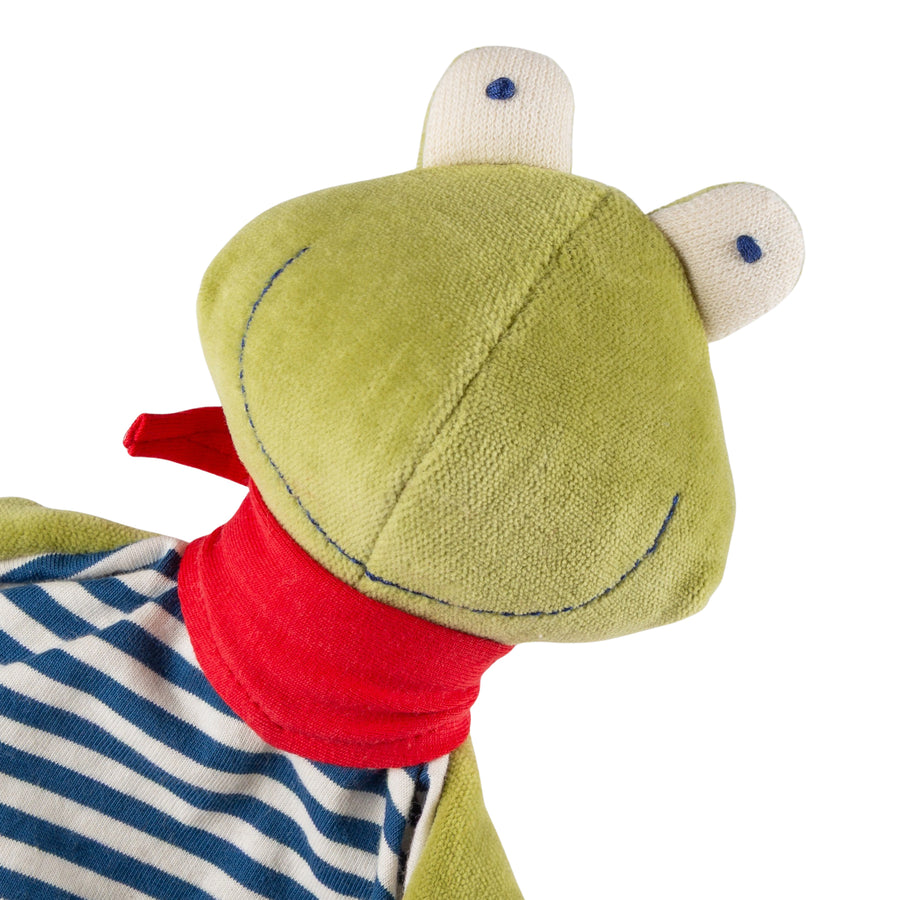 Bio-Schnuffeltuch Frosch blau Kopf aus der Nähe