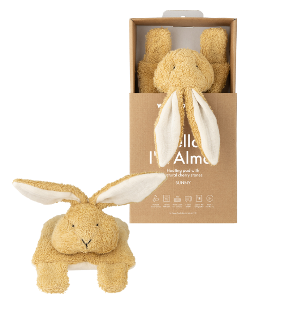 Wärmendes Bio-Kuscheltier Hase Alma von Wooly Organic mit Kirschkernfüllung, langen Ohren und weicher Baumwolle in nachhaltiger Geschenkbox